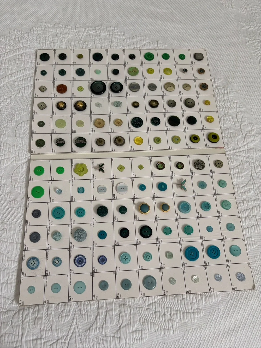 Vintage button collection salesman sample card 120 different buttons blue green